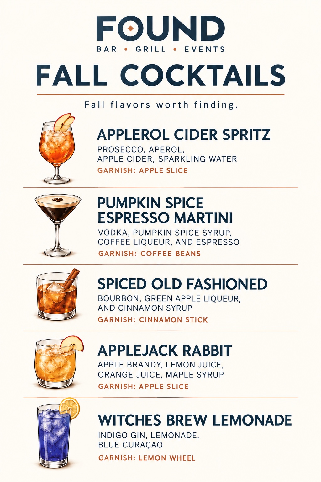 Illustrated FOUND fall cocktail menu showing all five featured drinks